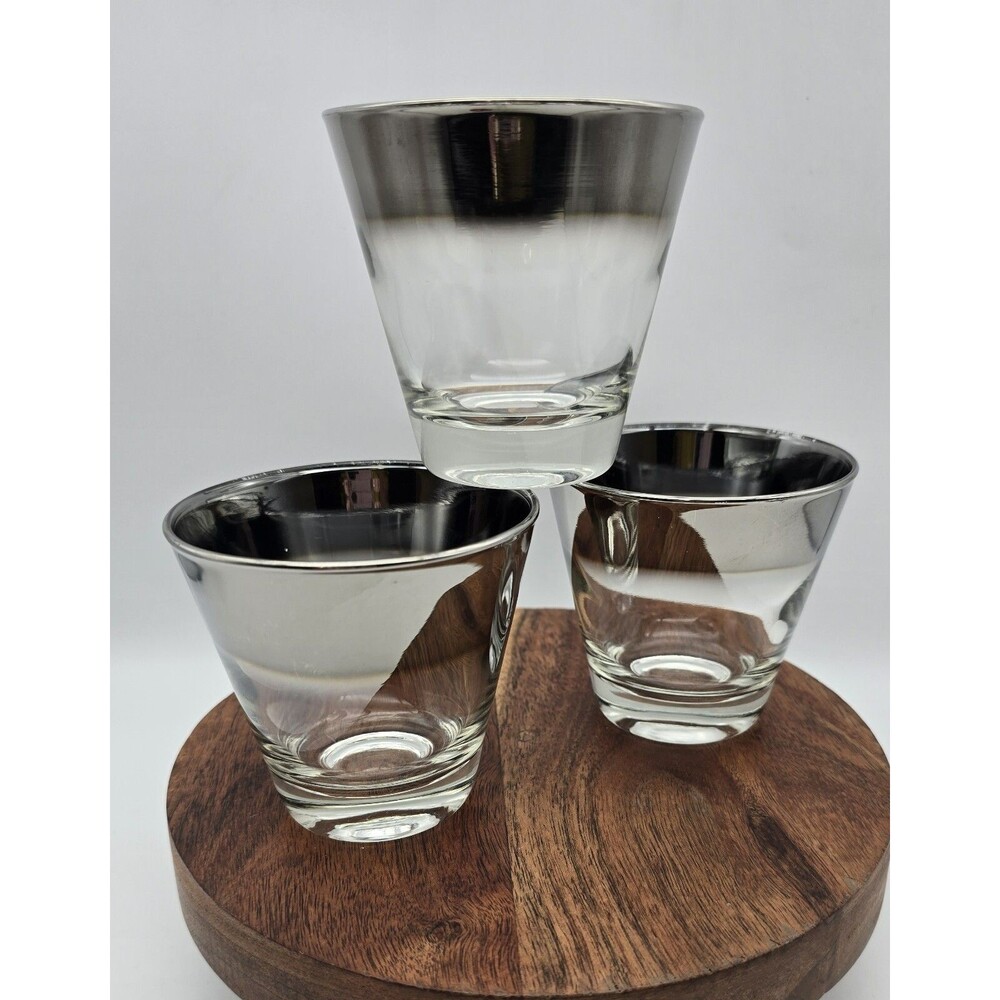 Vintage Set of 3 Silvertone Banded Rims Low Ball Glasses Barware MCM